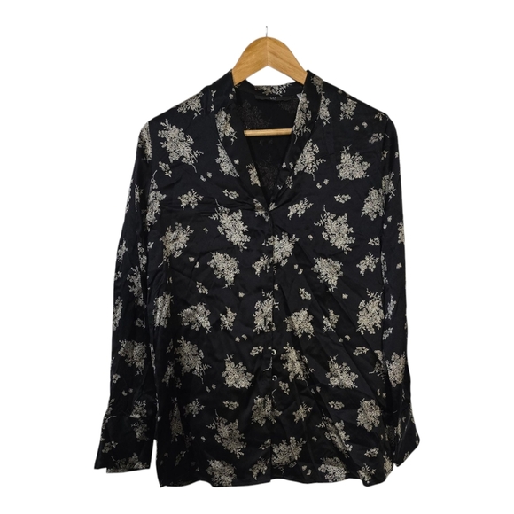 Vintage Gap Silk Black and White Floral Buttondown Blouse - Picture 1 of 5